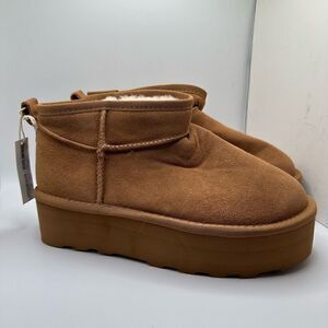 CUSHIONAIRE Women's Genuine Suede pull platform boot +Memory Foam 7 WIDE CHESTNU